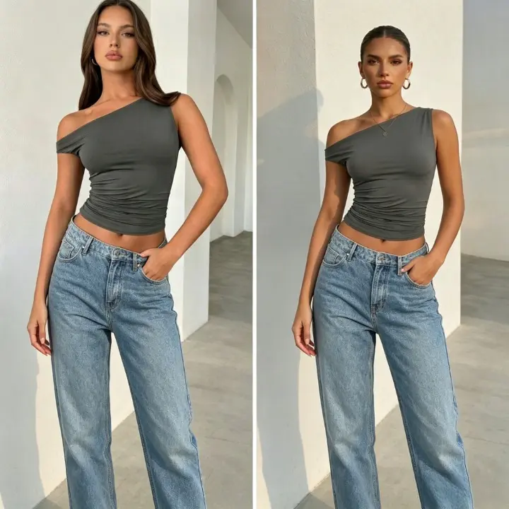 Women's Short-Sleeve Ruched Cold Shoulder T-Shirt - Basic Fit Style, Sexy Asymmetrical Design, Slim Breathable Fabric, Spring Summer Elegant Versatile Streetwear, Everyday Casual Minimalist Women's Clothes, Creative Gift summerwins,summerwins