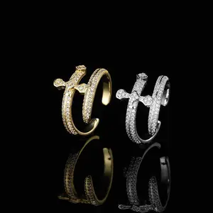 UUJ Iced Out Cuban Cross Ring, Adjustable Stackable Artificial Gemstone Ring for Men & Women, Stackable Rings