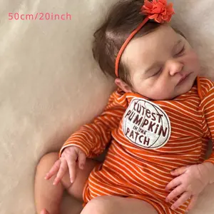 Lifelike Reborn Baby Doll 50cm 20inch Handmade Cloth Body Sleeping Girl Doll with Orange Stripes Outfit Realistic Newborn Gift for Kids