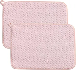 Pink Dish Drying Mats for Kitchen Counter, 2 Pack Dish Drying Mat Drying Pad, Dish Rack Drainer Mat, Kitchen Mat (Pink)