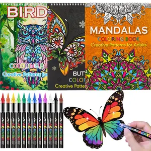 Birds Animals Mandala Butterfly Coloring Book Set - With 12 Colors Acrylic Markers Stress Relief & Relaxation,Coloring Books for Adults to Relax and Relieve Anxiety - Top Spiral Binding is Easier to Use Coloring Gift Book