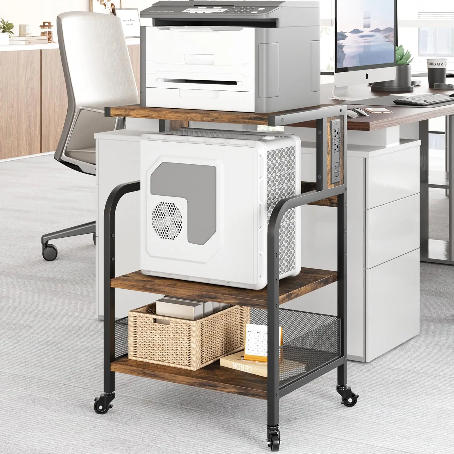 【GARVEE】Large Adjustable 3-Tier Rolling Printer Stand with Charging Station, Power Outlets, USB Ports, and Storage Shelf, Mobile Office Cart with Wheels for Printers, Scanners, Fax Machines, Home Use