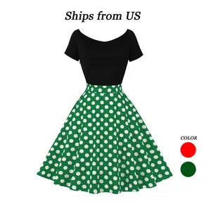 Women's Vintage - Inspired Boat Neck Short Sleeve Dress with Contrast Green Polka Dot Flared A - Line Skirt — Ideal for Achieving Retro - Chic Styles, Casual Outings, and Vintage - Themed Parties Womenswear Comfy Fit Elegant