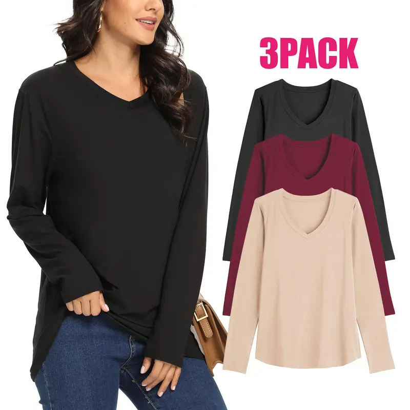 SHOWITTY Women's 3-Pack Basic Minimalist Plain T-Shirts - Plus Size 2XL Wide/V-Neck, Ultrathin, Soft Stretch, Relaxed Loose Fit, Lightweight, Machine Washable Fall Casual Curvy Clothing Tops, Layers Well Under Jackets