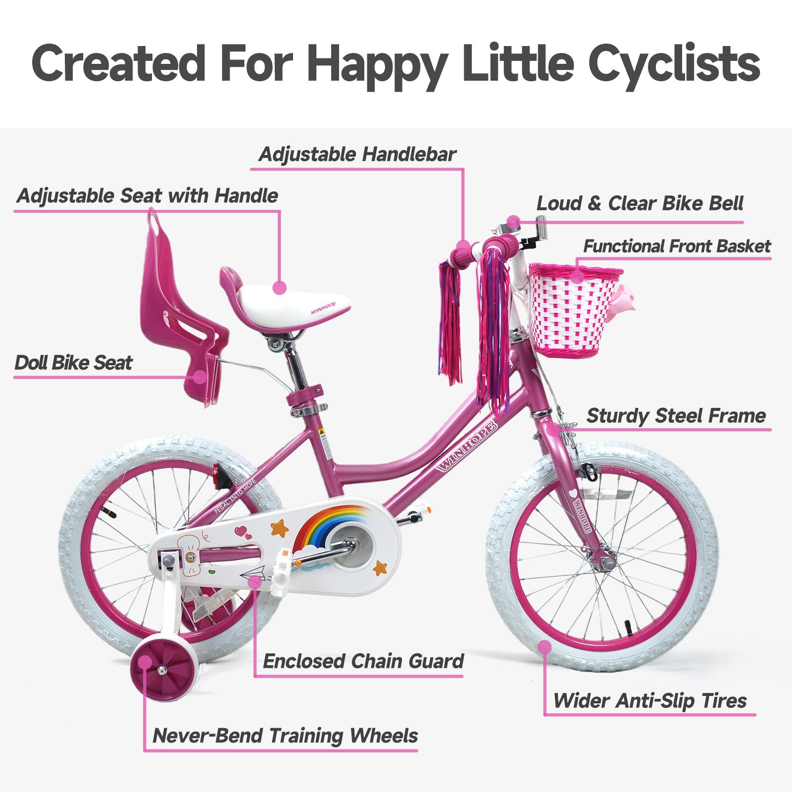 WinHope Little Fairy Children's Bicycle Ages 2–9 | 12–18 inch with training wheels, front basket, doll seat, handlebar ribbon | 95% preassembled, dual brakes, adjustable seat/handlebar WinHope Little Fairy Children's Bicycle Ages 2–9 | 12–18 inch with training wheels, front basket, doll seat, handlebar ribbon | 95% preassembled, dual brakes, adjustable seat/handlebar
