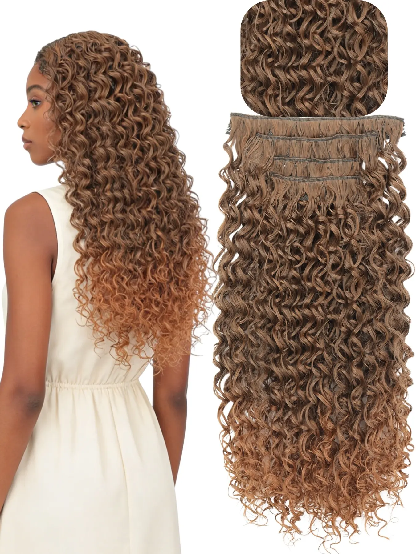 20-Inch 4-Piece Curly Synthetic Fiber Extensions Set, Natural Fashion Women Synthetic Wig Patch, Long Wavy Hairpiece for Daily Use, Synthetic Hairpieces