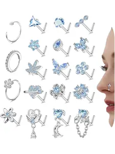 Nose Rings L Shaped Nose Studs Ring Hypoallergenic Stainless Steel Nose Ring-Dangle CZ Butterfly Flower Nose Studs Hoops Piercings Jewelry Gift for Women Men 20G Pink/Blue/Clear