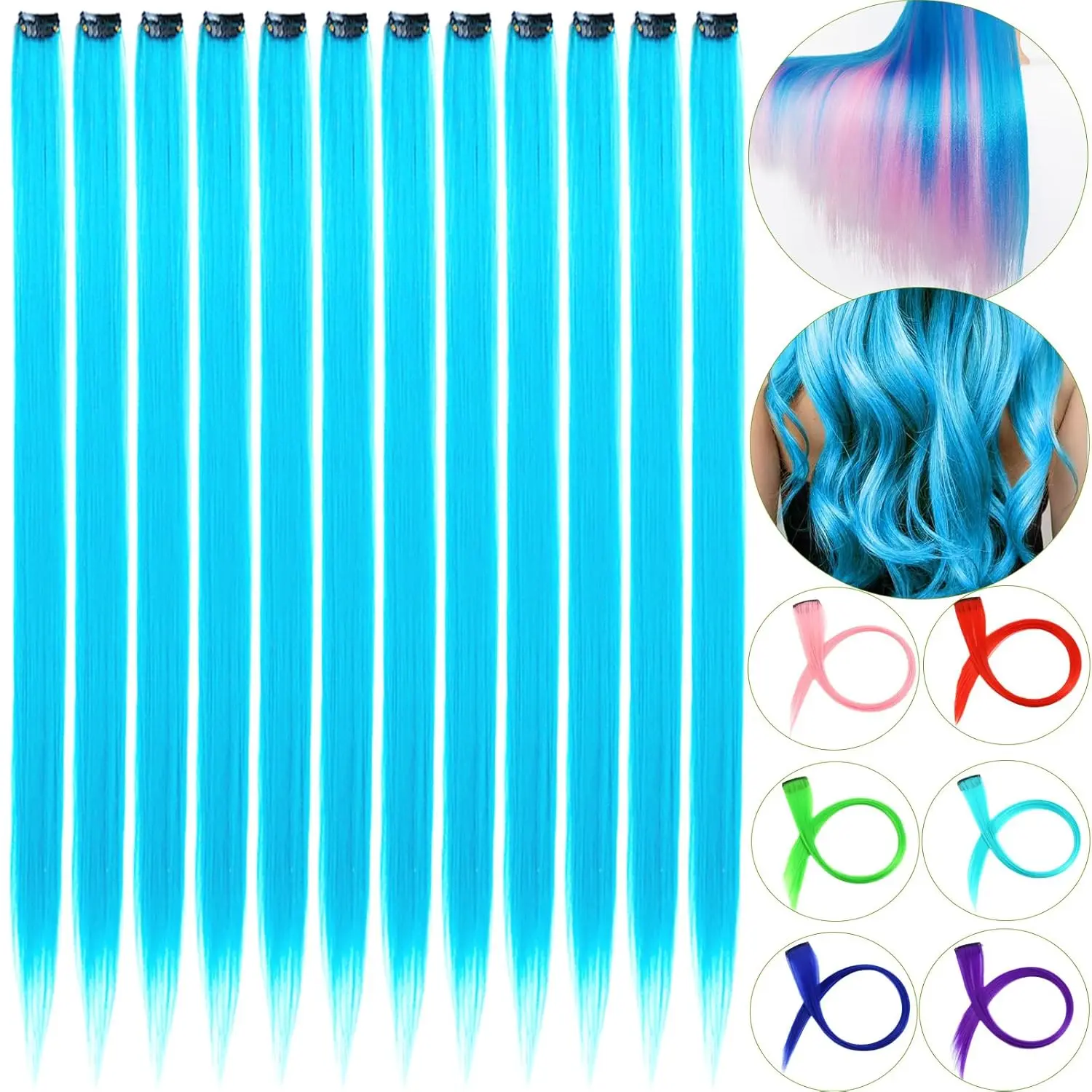 12-Piece Light Blue Clip In Hair Extensions, 22-Inch Straight Synthetic Hairpiece for Women & Girls, Invisible Strands for Parties, Cosplay & Halloween Braids, Invisible Hairpiece, Synthetic Hair Braids, Clip Hair Extensions