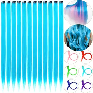 12 Blue Hair Extensions Clip in  22" Colored Highlights Colorful Synthetic Straight Piece DIY Accessories on Daily Party (LightBlue)