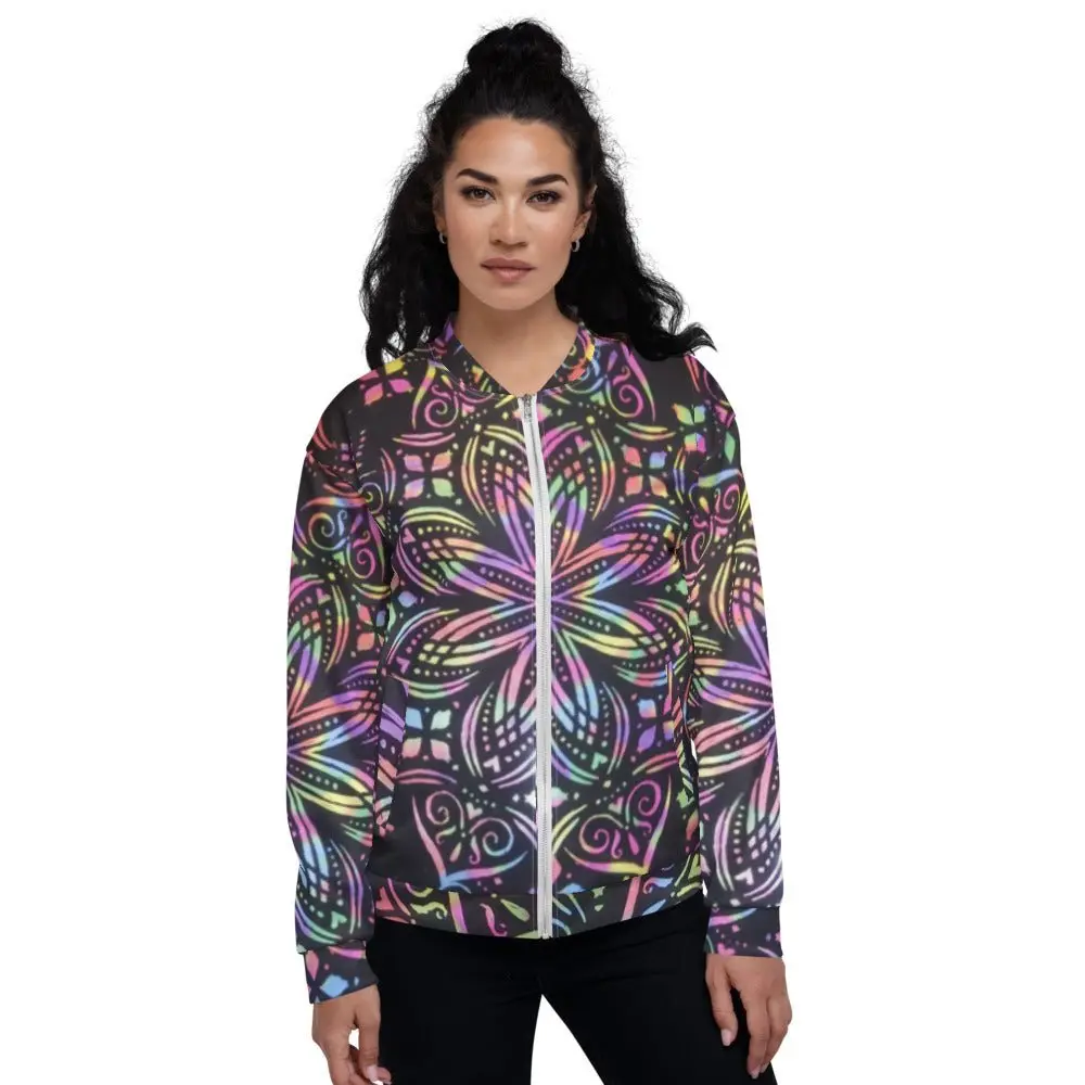 Mandala Flowers Unisex Bomber Jacket - Polyester Fabric, Printed Design, Casual Style, Long Sleeves, Pockets, Coat Style