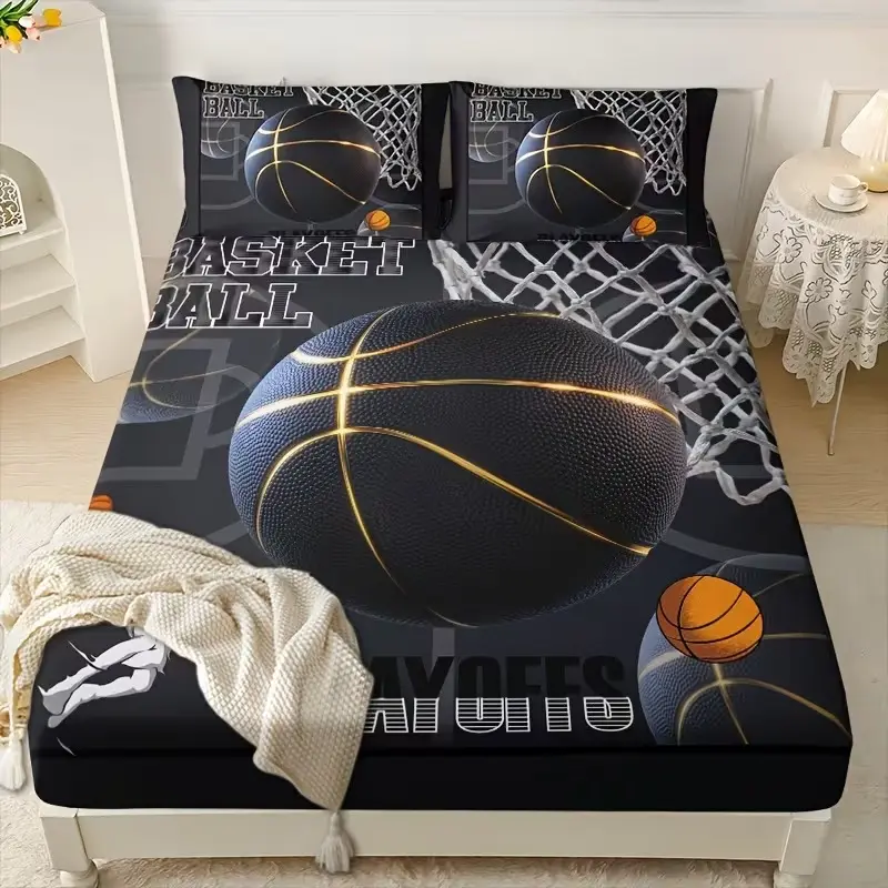 3-Piece Basketball Sports Style Polyester Bedding Set, Includes One Fitted Sheet and Two Pillowcases, Comfortable and Durable Bedroom Essentials, Bed Sheets Set
