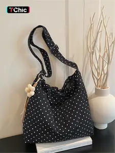 Wave dot printed crossbody bag with hanging accessories, Crossbody handbag, made of navy blue and white wave dot nylon fabric, drawstring and floral hanging accessories, large capacity, no burden, perfect for T-shirts, dresses