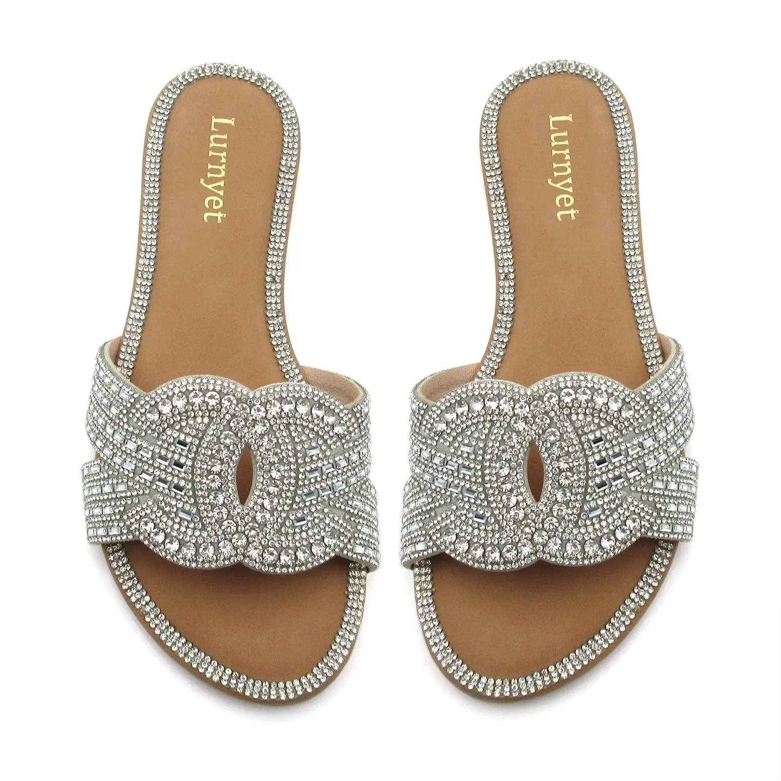 SILENTCARE Women's Glitter Decorated Padded Leather Strap Flat Casual Slide Sandals - Comfortable Slip-On Shoes for Beach Vacations, Daily Wear