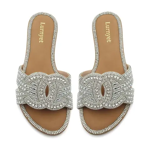 SILENTCARE Women's Elegant Glitter Rhinestone Padded Strap Synthetic Breathable Lightweight Open Toe Flat Casual Slide Sandal Footwear - Padded Leather Strap, Rubber Sole, Slip-On Beachwear for Beach Vacations, Daily Wear