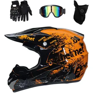 Limited Edition Floral Orange Off-Road Helmet, Full Face Motocross Helmet with Rainbow Goggles Gloves &  Mask, DOT Certified Crash Helmet for Adult Men, E-Bike Helmet for Electric Bicycles, Ideal for Dirt Bike ATV Motocross Racing Enthusiasts tiktokshopsp