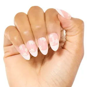 Miss Daisy Press-On Nails - Soft Peachy Nude with White Floral Accents & Classic French Tip - Salon-Quality Glossy Finish - Medium Almond Shape - Complete Kit Included