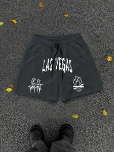Men's Regular Fit Las Vegas Letter Print Graphic Shorts, Street Casual Drawstring Waist Shorts for Summer, Fashion Men's Bottoms for Daily Wear