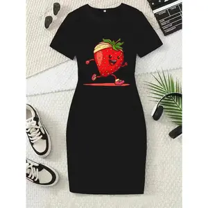 Women's Summer Casual Short Sleeve Dress - Black Strawberry Graphic Print, Bodycon Fit with Elastic Waistband, Round Neck & Machine Washable for Casual Attire, Short Sleeve Summer Dress, Seasonal Fashion, Fun Design, Easy Care, Fashion Lovers