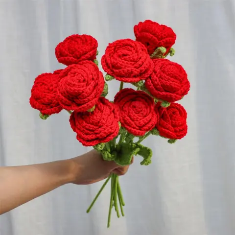 Hand-Woven Crochet Rose Bouquet, 9PCS Artificial Flowers, Graduation Gift, Valentine's Day, Mother's Day, Wedding, Anniversary, Birthday, Home Decor & Room Decoration, Flower Arrangements