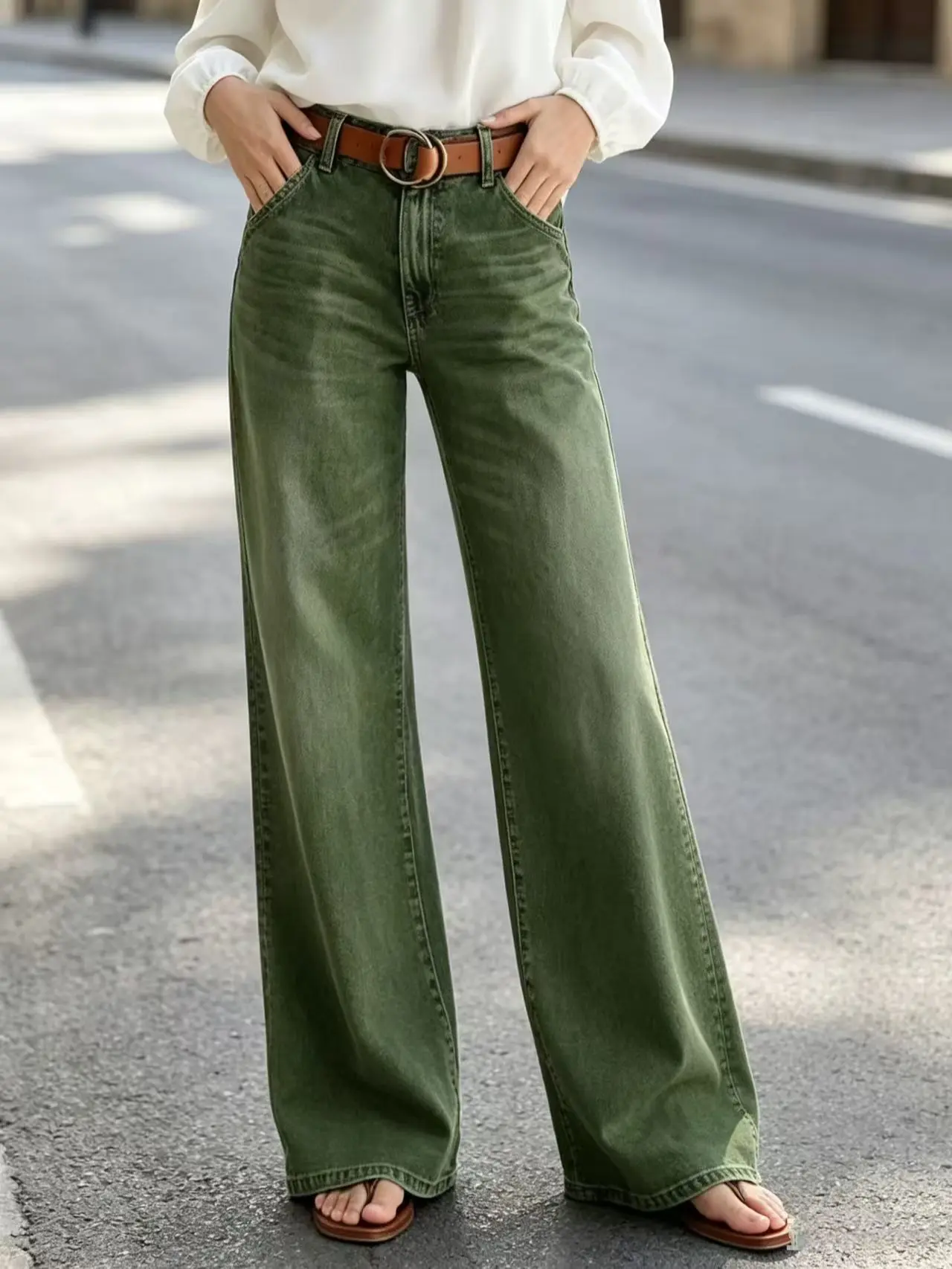 Women's High-Waist Vintage Washed Army Green Wide-Leg Full-Length Denim Pants - Womenswear Bottom, Casual Baggy Jeans
