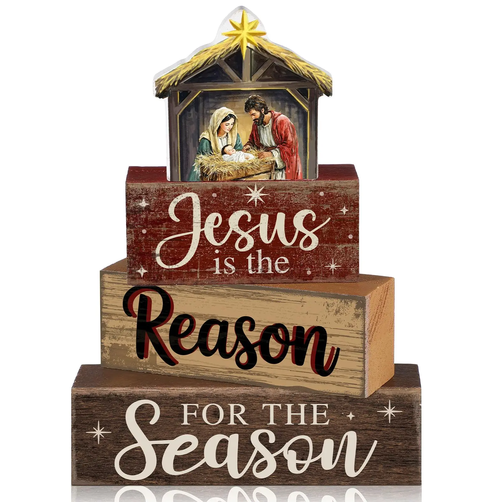4-Piece Christian Christmas Wooden Stacked Block Set, Jesus is the Reason for the Season Signs with Nativity Scene, Rustic Religious Tiered Tray Decor for Home Church