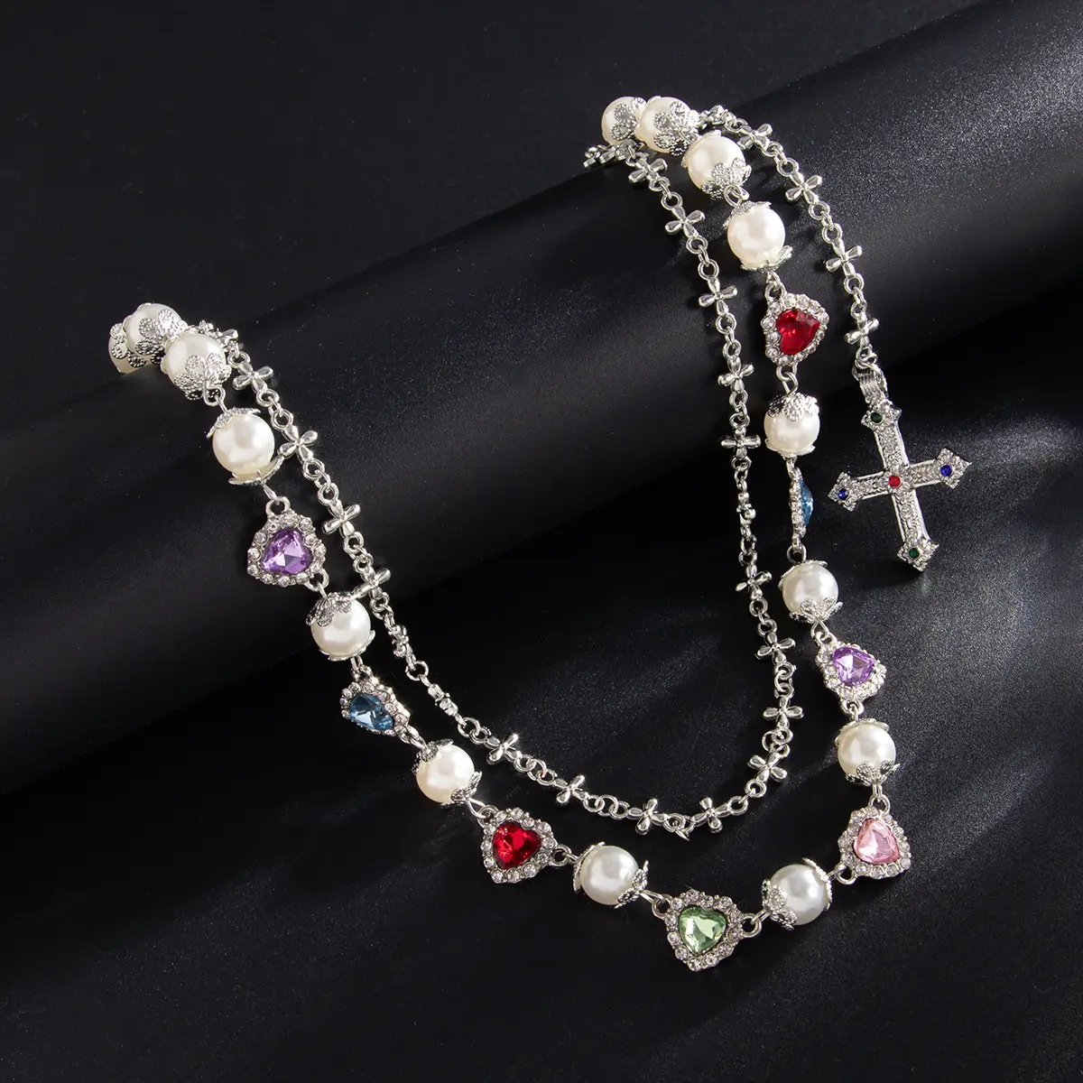 Gold-Tone Wallet Chain with Rhinestone Flower Motifs, Unisex Multi-Layered Metal Links with Pearl Accents for Jean Pockets & Bags, Body Jewellery, Chain Accessory, Party, Body Jewelry Accessory
