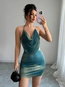 Women's Sexy Backless Bow Tie Gradient Print Floral Mini Dress, Stylish Summer Fashion, Perfect for Parties and Casual Wear, Womenswear