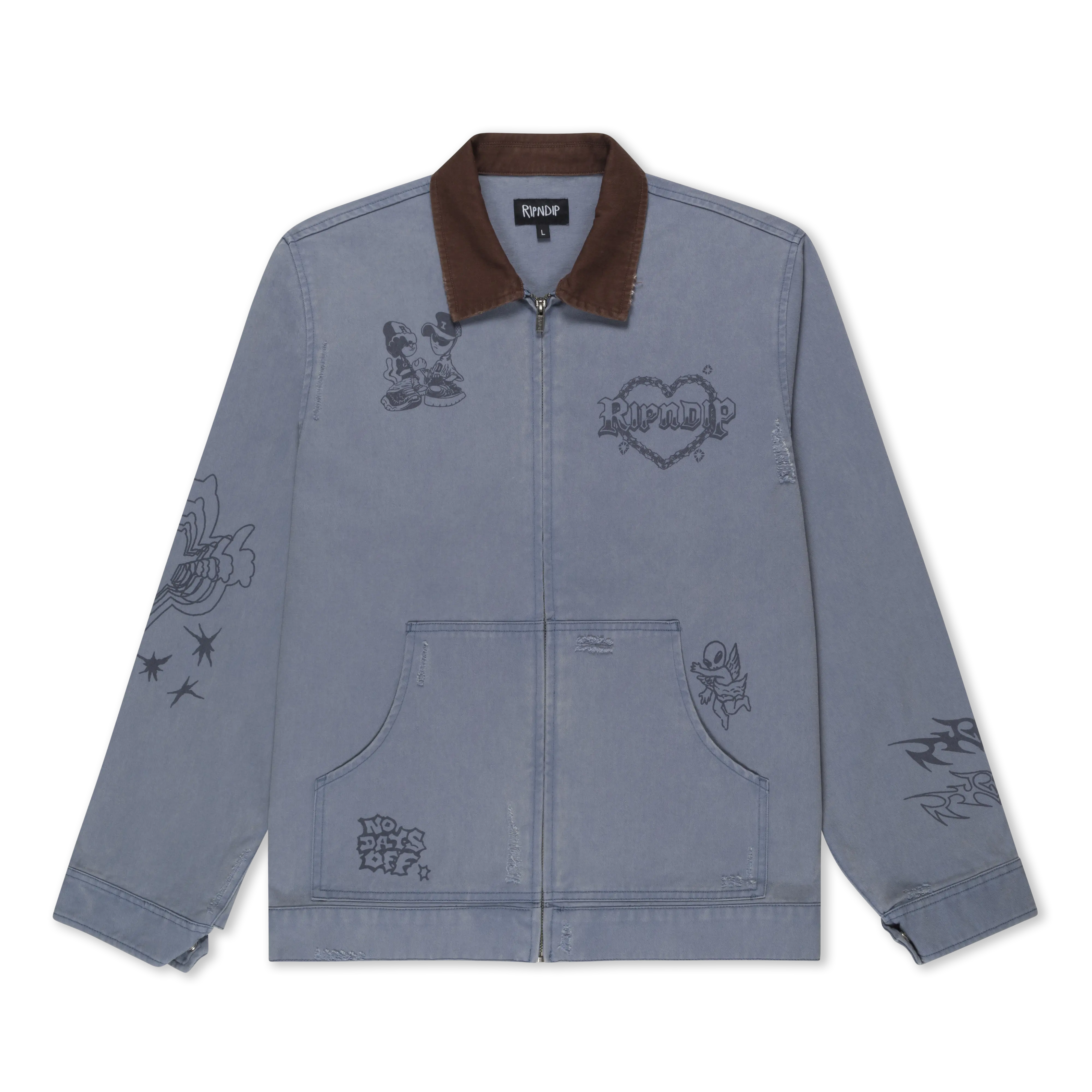 Women's Alternative Style Printed Western Work Jacket - All-Over Graphic Print, Casual Distressed Woven Cotton Zip-Up Coats, Slate Color, Western Outfit