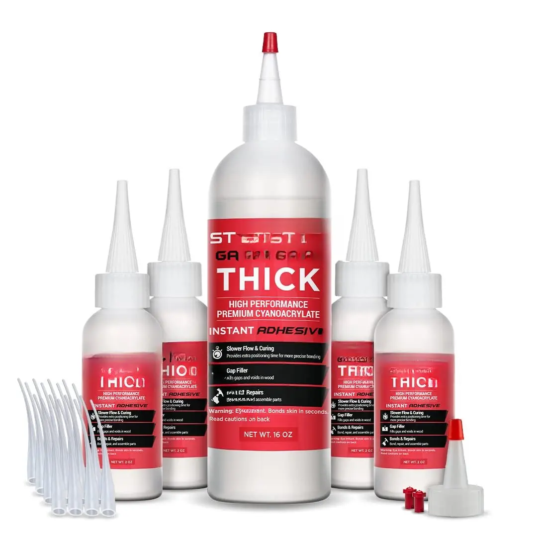 High Viscosity Thick Cyanoacrylate (CA) Glue Complete Refill Kit (453g/16oz) - 0.01-0.02 inches Viscosity, 1 Yorker Spout, Clog-Free Stopper, Extra Bottles for Woodworkers' Carpentry Mitre Joints, Archery Fletching Projects