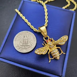 Bee Stainless steel Iced Hip Hop Cubic Zirconia Gold / Silver Finished Pendant & 3mm 18" 20" 24" Rope Chain Fashion Necklace