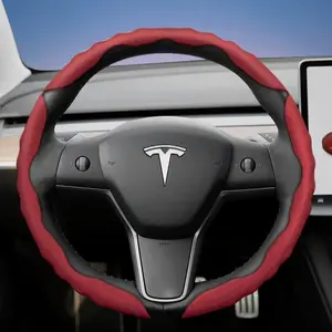 For Tesla Steering Wheel Cover Breathable PU Leather Segmented Snap-on Design Sporty Wave Pattern Anti-slip and Wear-resistant All-Season Use Compatible with Model S/Model 3/Model Y/Model X/Model Y L