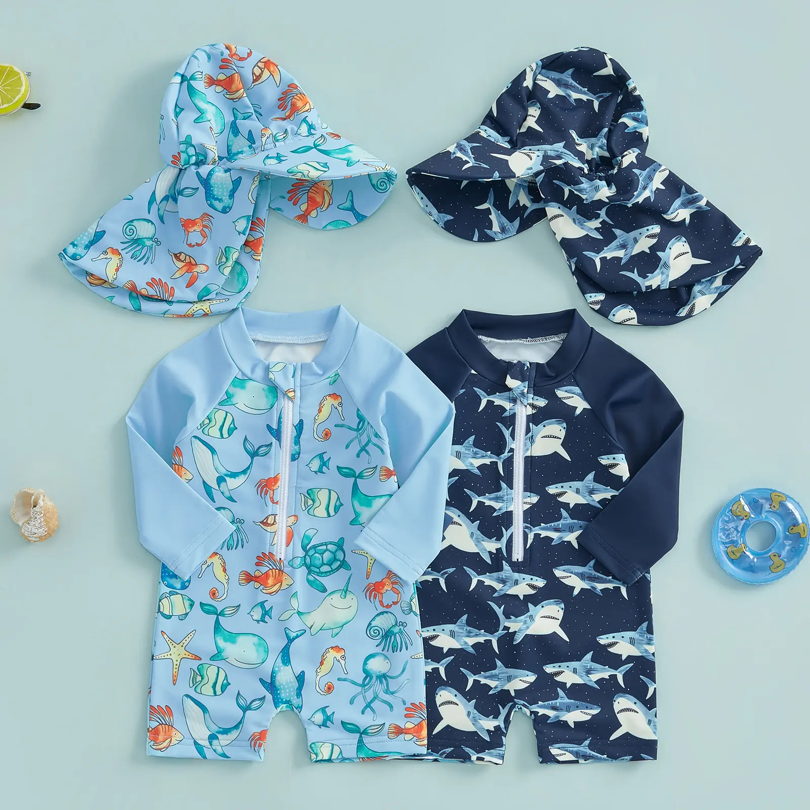 Baby Boys Toddlers Kids Shark Swimsuit  with Sun Hat Rash Guard,Zipper Bathing Surfing Swimwear