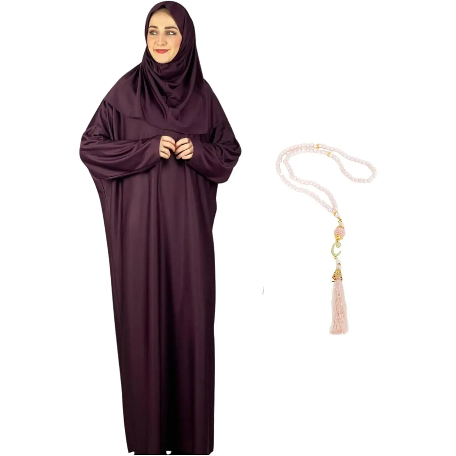 Women’s Islamic Prayer Clothes – Long Robe Abaya with Hijab and Rosary – Modest Turkish Dubai Kaftan Dress