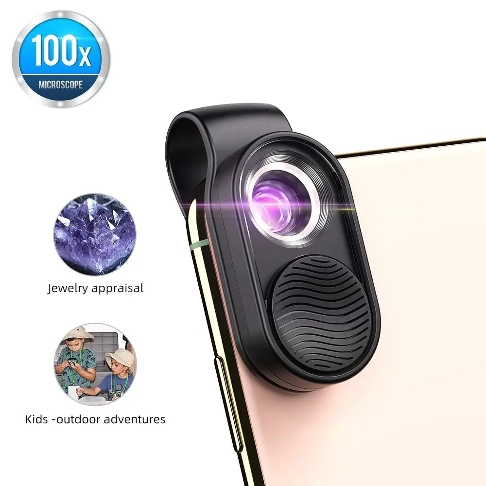 APEXEL 100X Multi-Coated Clip-On Camera Lens 4-in-1 Kit for Smartphones & Cell Phones, with LED Light, Universal Clip, Pocket-Sized Magnifier, Camera Lens Attachments