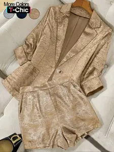 Two-Piece Set Women's Solid Color Blazer & Shorts, Casual Outerwear & Shorts for Daily Wear, Ladies Clothes for Summer Suits