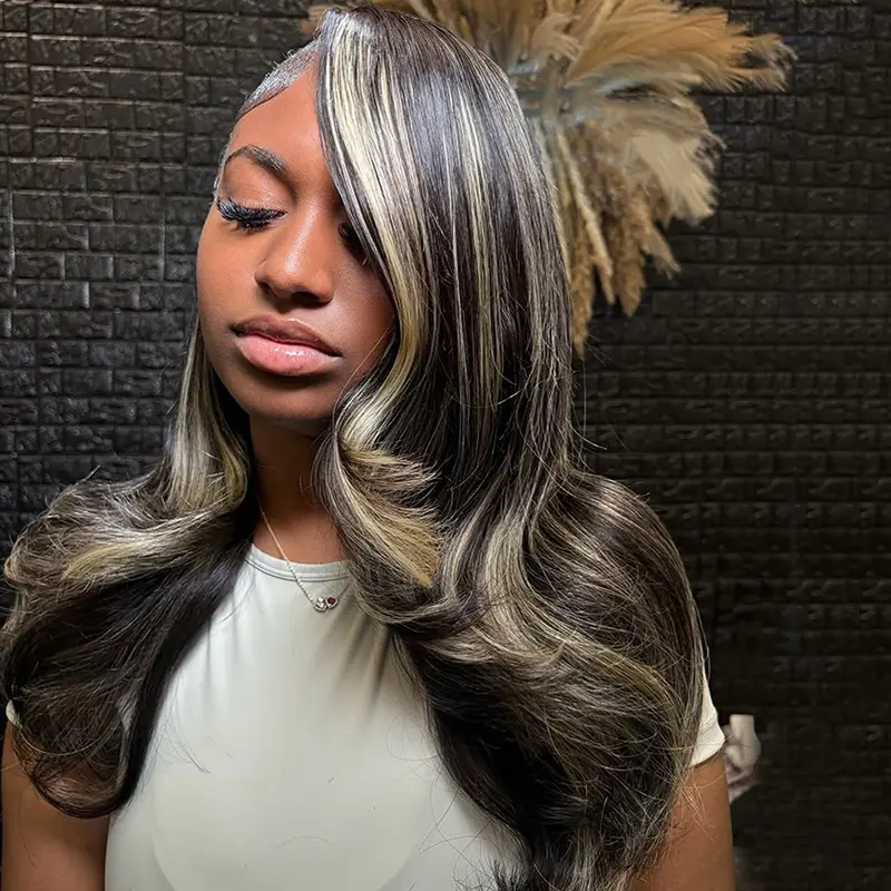 1B/27 Colored 13x4 Lace Front Wig Human Hair Body Wave 13x6 Transparent Lace Frontal Wigs Pre Plucked 180% Density Highlight 5x5 Closure Lace Stripe Blonde Remy Wig