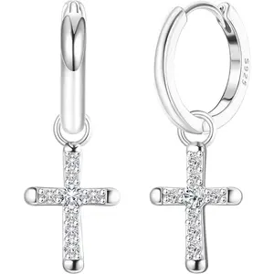 Milacolato Cross Earrings for Men Women Dainty CZ Huggie Hoop Earrings Iced Out Cross Dangle Earrings Lightweight Huggie Cuff Dangle Earrings for Men Women