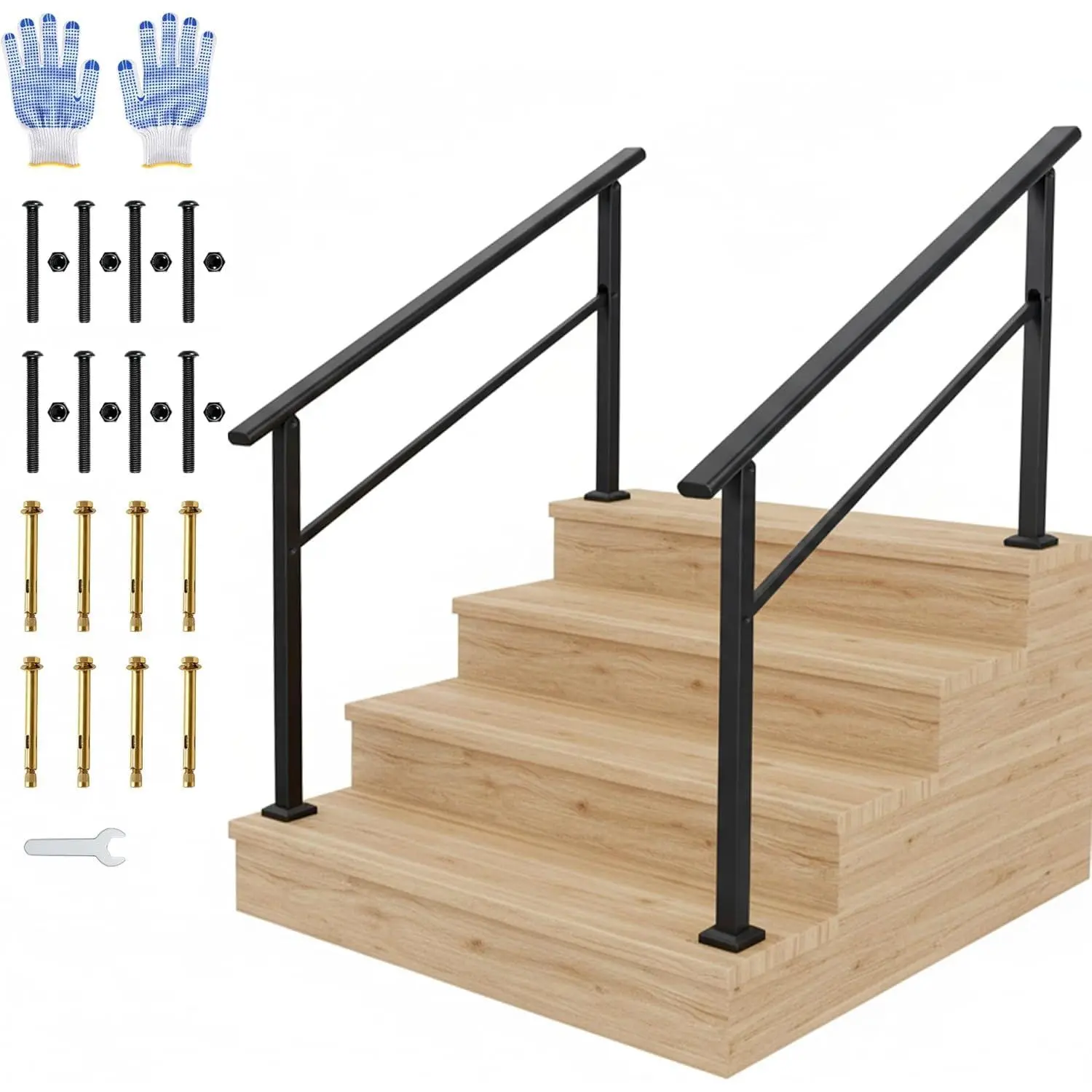 GARVEE Easy-Install 4-Step Indoor/Outdoor Handrail Kit - Black Aluminum Stair Railing with Iron Posts for Steps & Porch, Includes Gloves - 2-Pack, Two Packs