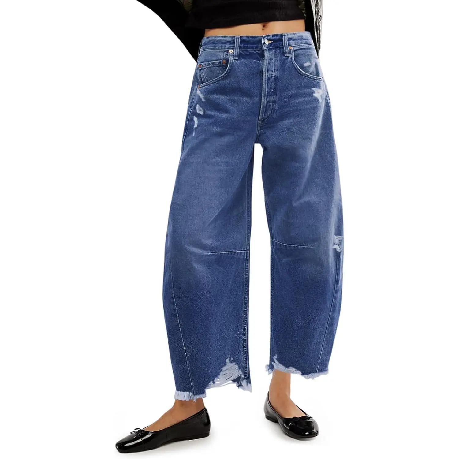 Imily Bela Women's Baggy Wide Leg Jeans Barrel Horseshoe Boyfriend Cropped Raw Hem Denim Pants