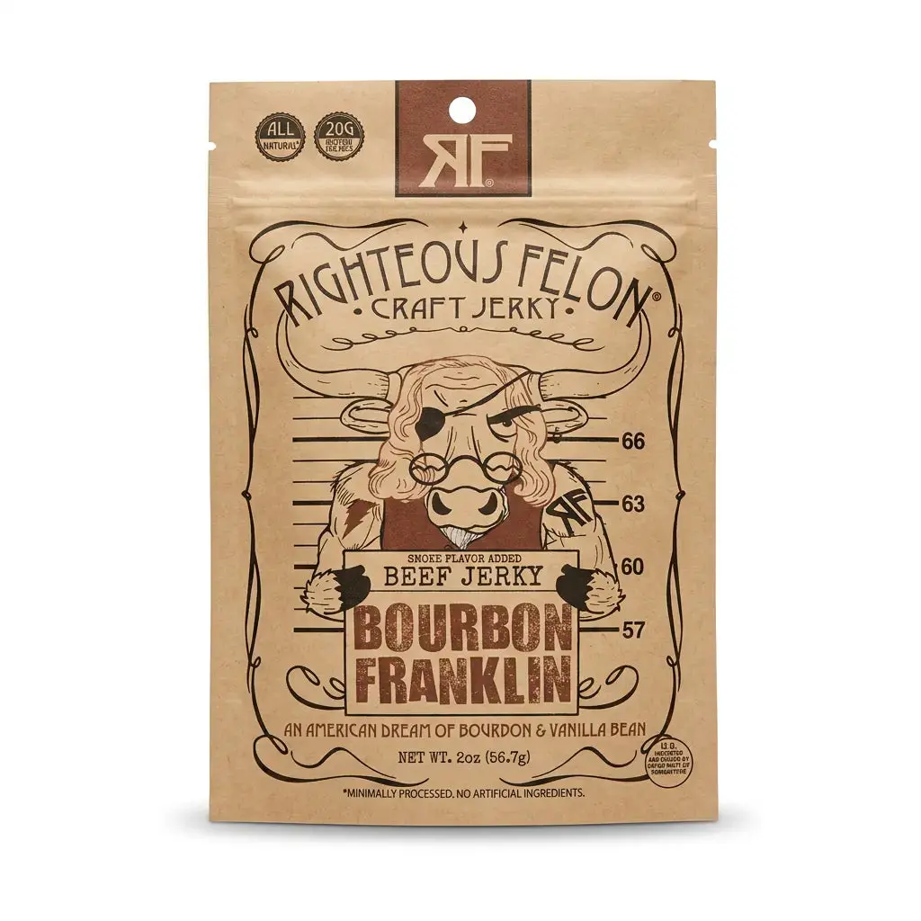 RIGHTEOUS FELON Premium Handcrafted Specialty Beef Jerky Snack - Natural, Authentic, Bourbon-Infused, Vanilla Bean Flavor, Artisanal, Marinated, Dried, 2oz Compact Pack, Ambient Temperature Storage, Speciality