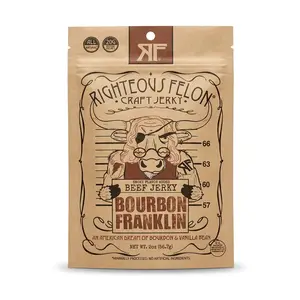 RIGHTEOUS FELON Bourbon-Infused Beef Jerky Dried Snack, 2oz Compact Pack, Vanilla Bean Flavor, Ambient Temperature Storage
