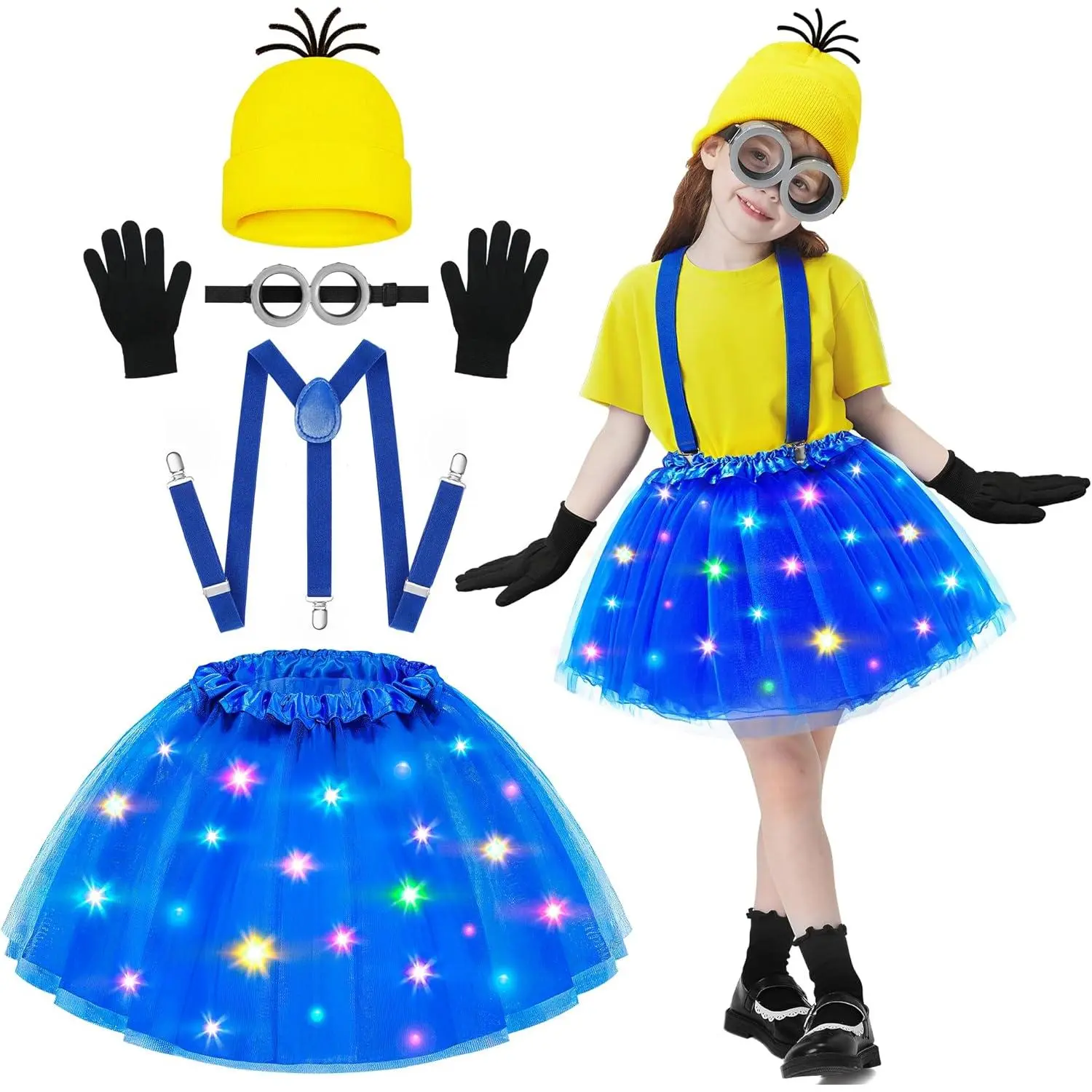 L-GCS030  Halloween Costume for Kids, 5 PCS Light Up Yellow Halloween Cosplay Costume Accessories Set LED Blue Tutu Skirt/Steampunk Goggles Glasses/Beanie Hat/Suspenders/Black Gloves for Girls 4-8 Years
