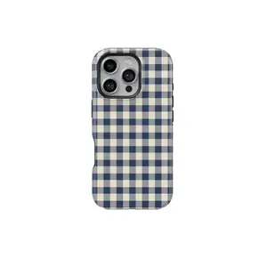 Mini Gingham Navy & Cream Tough Rubber Smartphone Case - Shockproof Durable Cover, Custom Polycarbonate Casing, Premium Resistance, Cellphone Protection Accessory for iPhone 11-17 Pro Max Plus