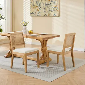 Mid Century Farmhouse Rattan Dining Chairs Set of 2, Breathable Cane Back Kitchen Side Chairs, Linen Upholstered Foam Padded Seats with Solid Rubberwood Frame, Modern Casual Furniture for Home Dining Room Office, wooden chair, weddingfurniture
