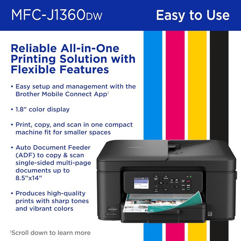 Work Smart 1360 Wireless Color Inkjet All-in-One Printer with Automatic Duplex Printing and 1.8” Color Display | Includes Refresh Subscription Trial(1) (MFC-J1360DW) (Uses LC501 Series Inks)