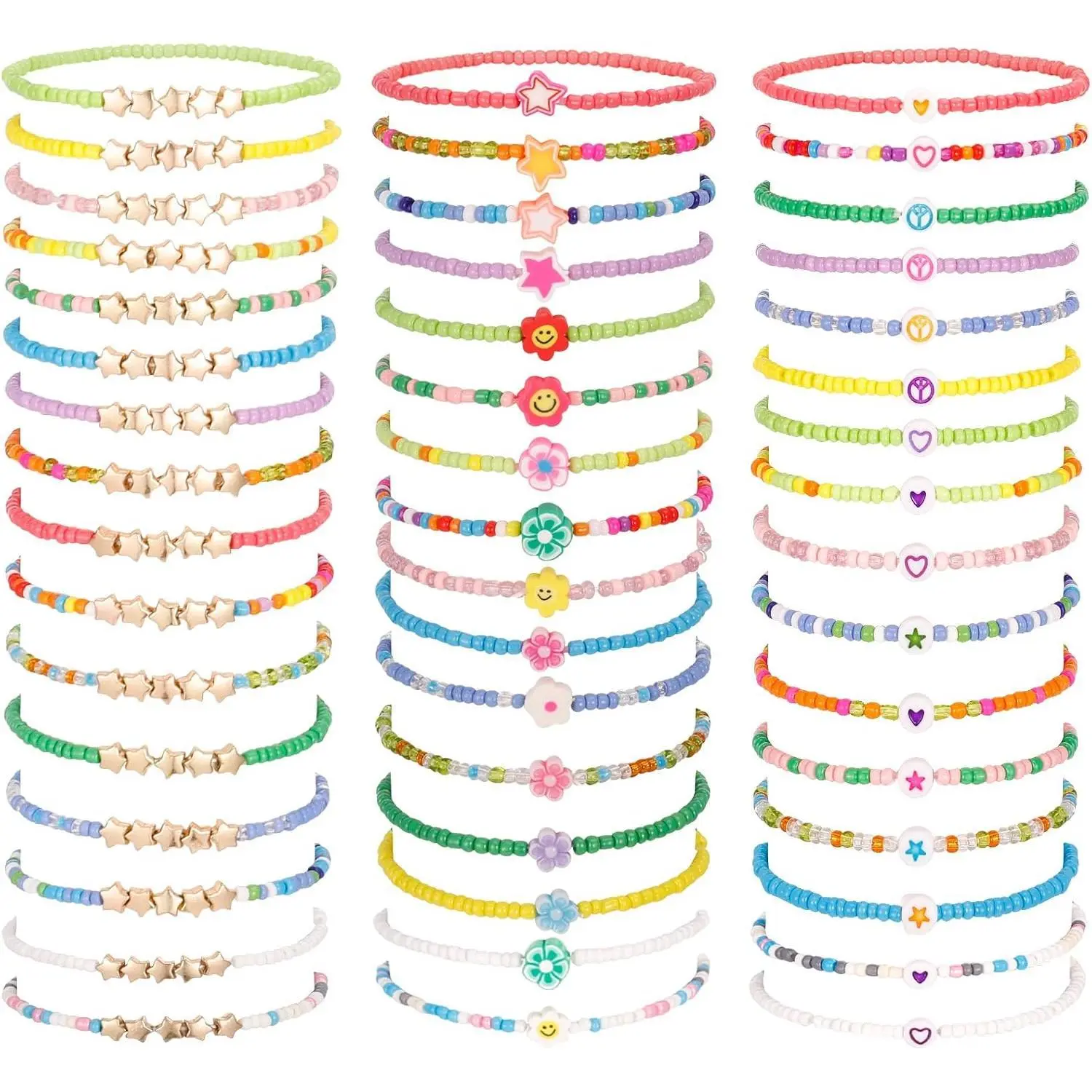 KF5-HBL03   48 Pcs Kids Friendship Bracelet Set,Colorful Adjustable Beaded Bracelets,Cute Stretch Preppy Bracelets