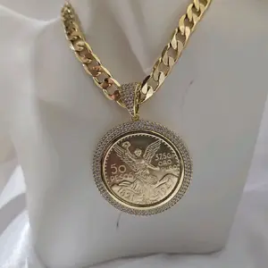 Centenario 8mm Unisex Gold Plated Chain with 50 Pesos 633 Coin Pendant for Men and Women