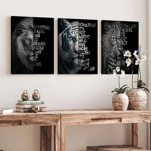 3 Piece Set Wooden Framed Canvas Poster, Lion, Tiger, Leopard, Modern Style, Animal Art, Black White, Gorilla, Cat, Bear, Minimalist, Inspirational Quotes, Home Decor, Art Print, Wall Art for Living Room, Bedroom, Office, Hallway, Ideal Gift For Friends.