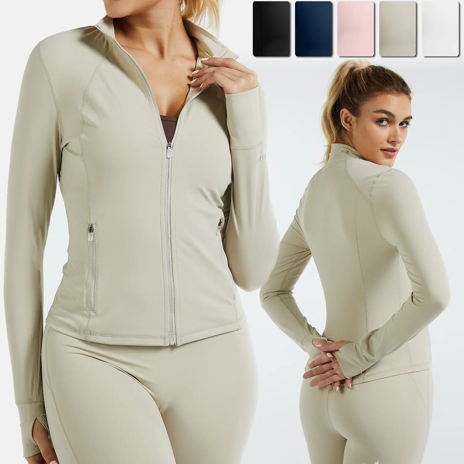 RIOJOY Women's Long Sleeve Full Zipper Bbl Jacket Lightweight Stand-up Collar with Thumb Holes Pockets for Workout Quick Dry Breathable Slim Fit Outwear Casual Womenswear Coats