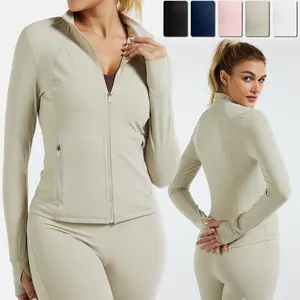 RIOJOY Women's Long Sleeve Full Zipper Bbl Jacket Lightweight Stand-up Collar with Thumb Holes Pockets for Workout Quick Dry Breathable Slim Fit Outwear Casual